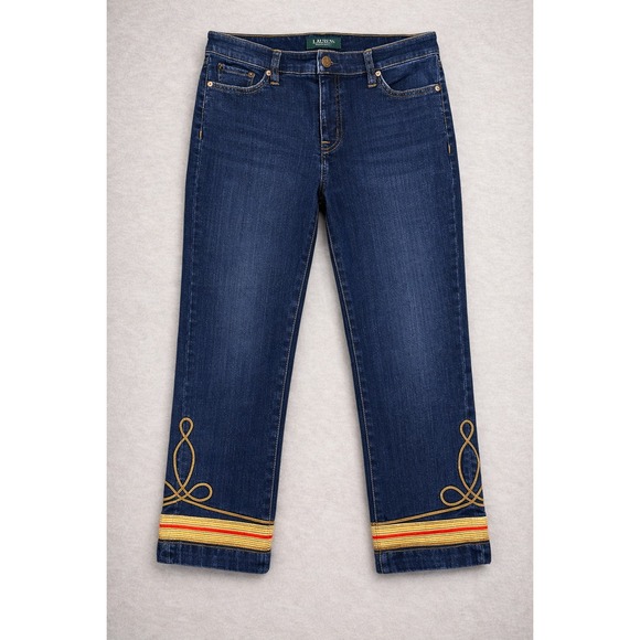 Lauren Ralph Lauren Denim - Lauren Ralph Lauren Womens Jeans Size 10 Dark Wash Embroidered Rare Print Crop